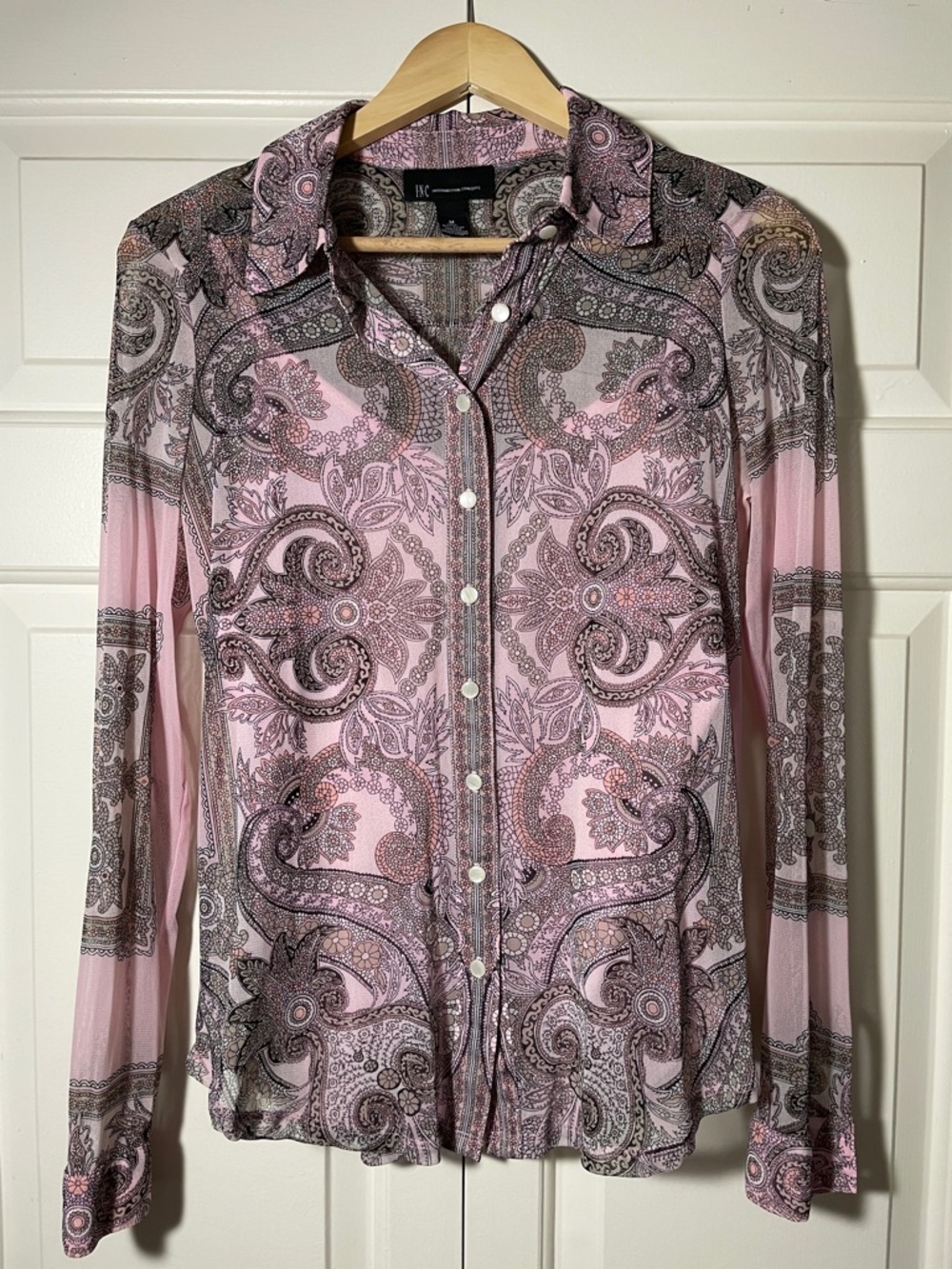 INC Sheer Paisley Button-Up Blouse in Pink and Gray with Pink Camsole